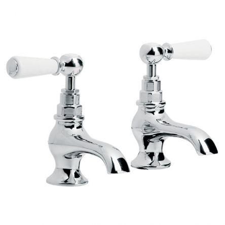 Lefroy Brooks Classic White Lever Bath Pillar Taps - Nickel