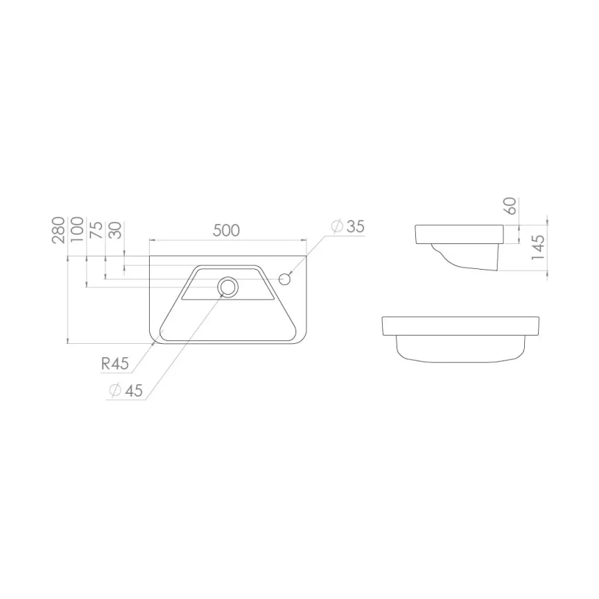 Saneux Hyde 50x28cm Cloakroom Washbasin Right Tap Hole detail view - Image 5