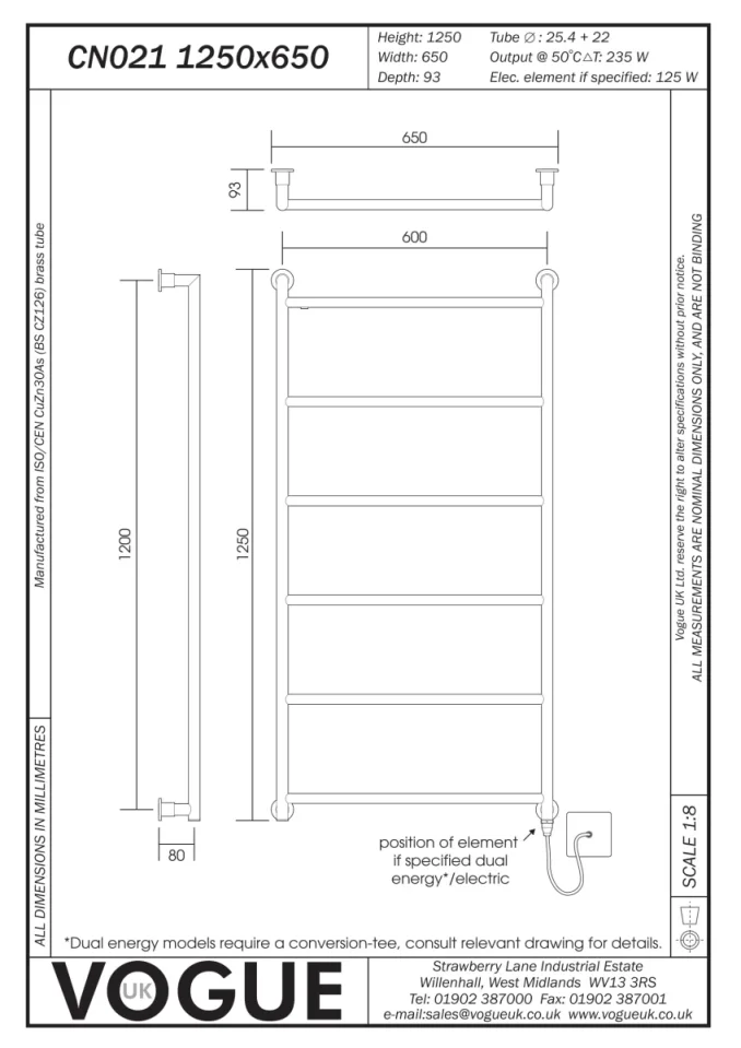 Vogue Vivid Towel Radiator Heating Only - Chrome 1250X650 technical drawing - Image 2