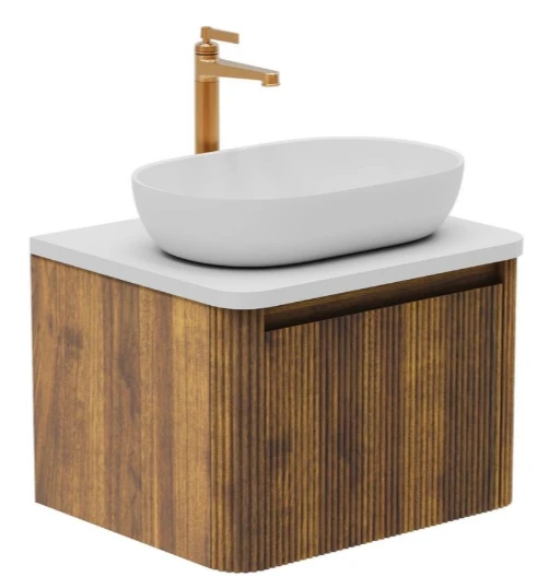 Cubico Wave Ribbed 600mm Wall Hung Vanity Unit Walnut