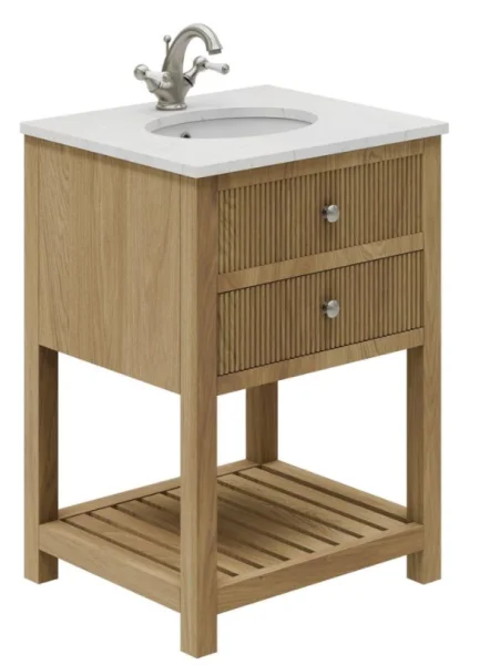 Cubico Abbey Ribbed 600mm Floorstanding Vanity Unit Natural Oak With Worktop & Ceramic Basin Inc. Bottle Tr