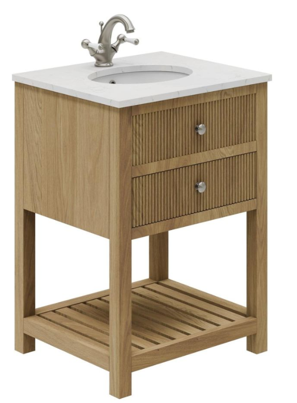 Cubico Abbey Ribbed 600mm Floorstanding Vanity Unit Natural Oak With Worktop & Ceramic Basin Inc. Bottle Tr