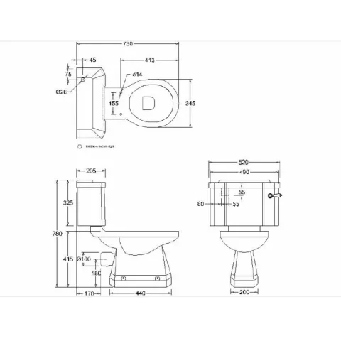 Burlingtonrimless Close Coupled Pan technical drawing - Image 2