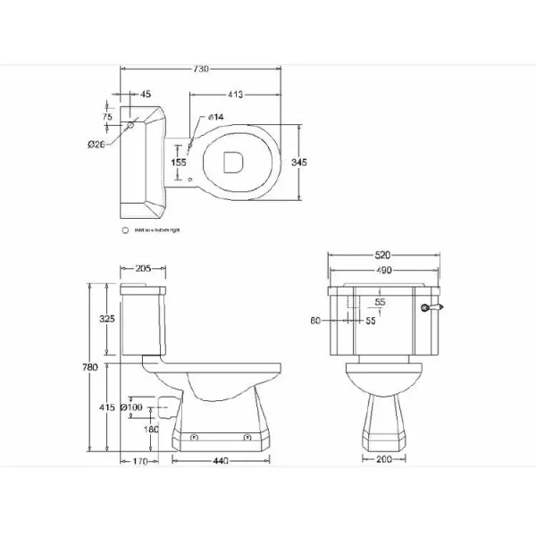 Burlingtonrimless Close Coupled Pan technical drawing - Image 2