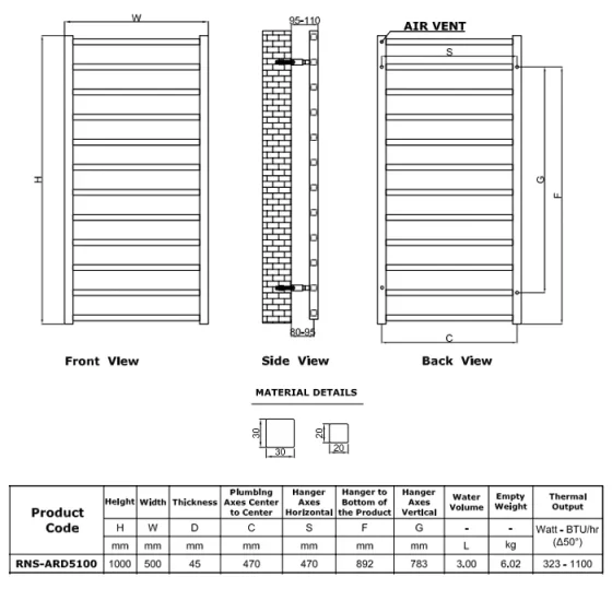 Reina Arden 500 X 1000 Satin Stainless Steel Towel Radiator technical drawing - Image 2