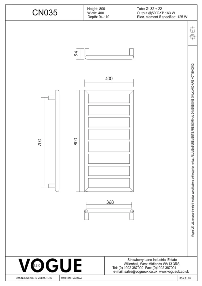 Vogue Smooth Towel Radiator Heating Only - Chrome 800X400 technical drawing - Image 2