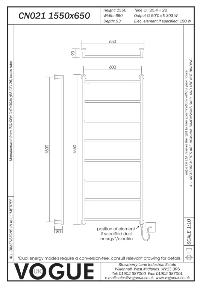 Vogue Vivid Towel Radiator Heating Only - Chrome 1550X650 technical drawing - Image 2