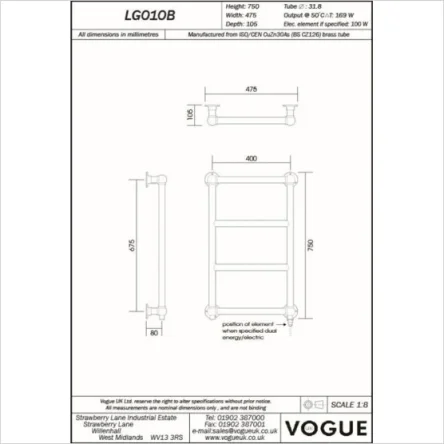 Vogue Vintage Towel Radiator Heating Only - Chrome 750X475 technical drawing - Image 3