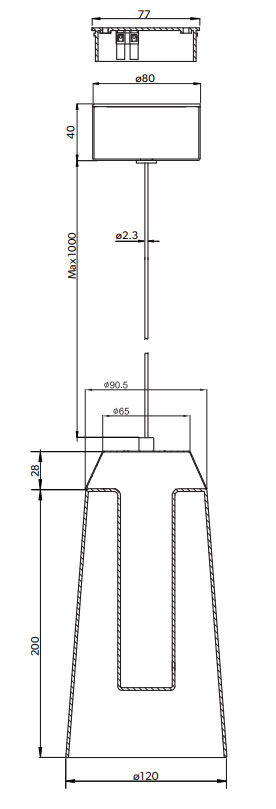 Hib Rise Pendant Light W12 X L12 X H127.5cm technical drawing - Image 2