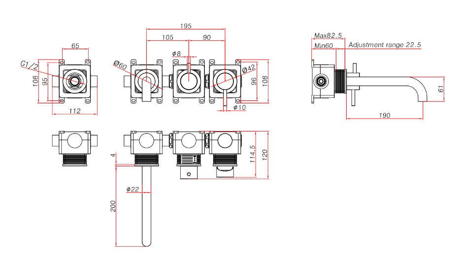 Ava Trend Thermostatic 4 Hole Wall Mounted Bath Shower Mixer 3.0 (not Compatible With Backplate) - Brushed Black technical drawing - Image 4