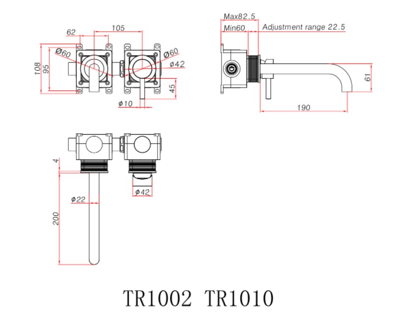 Ava Trend 2 Hole Wall Mounted Basin Mixer W/ Flanges 3.0 (not Compatible With Backplate) - Brushed Black technical drawing - Image 5