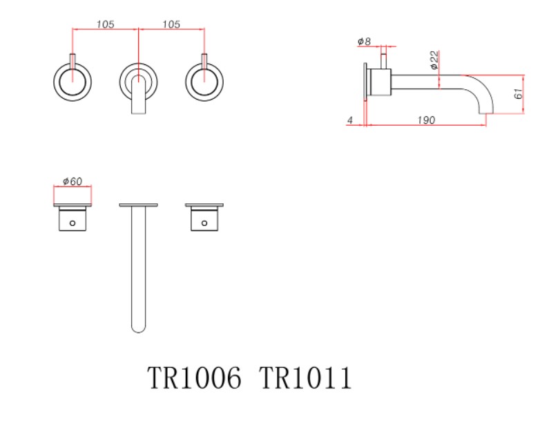 Ava Trend 3 Hole Wall Mounted Basin Mixer W/ Flanges (not Compatible With Backplate) - Brushed Brass technical drawing - Image 2