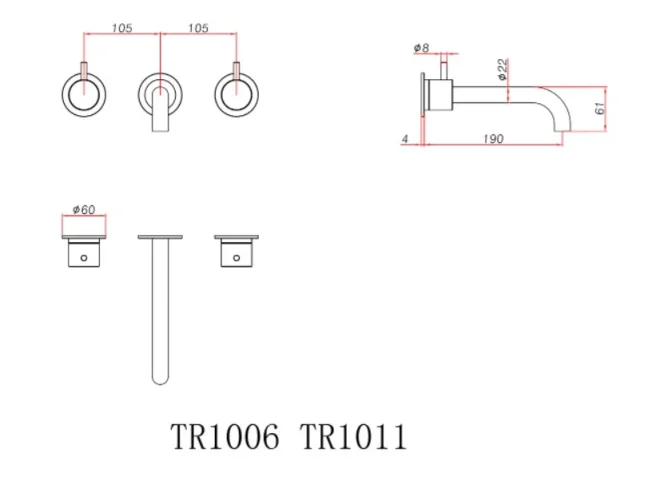 Ava Trend 3 Hole Wall Mounted Basin Mixer W/ Flanges (not Compatible With Backplate) - Brushed Black technical drawing - Image 3