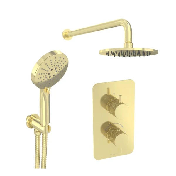 Saneux Cos 2 Way Shower Kit - W/ 3 Function Handset & Shower Head - Knurled - Brushed Brass