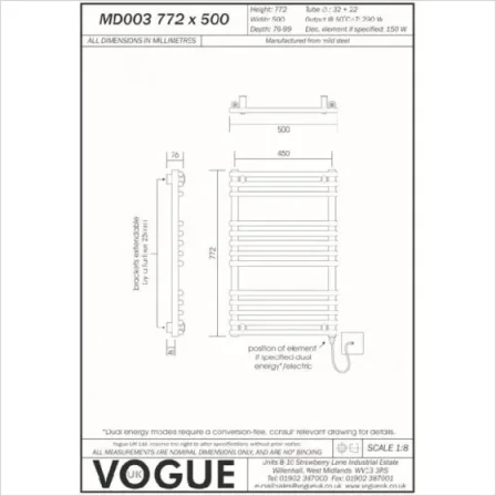 Vogue Tune (Straight) Towel Radiator Heating Only - Chrome 772X500 detail view - Image 3