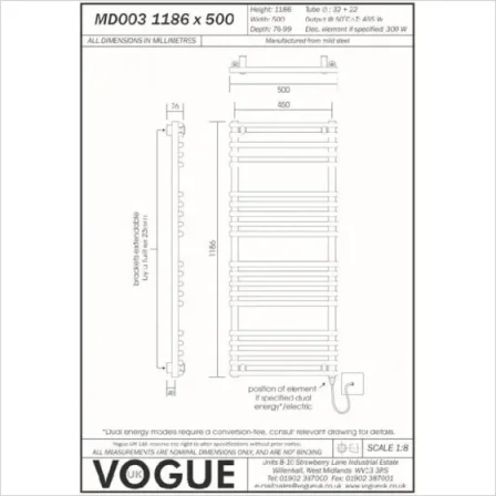 Vogue Tune (Straight) Towel Radiator Heating Only - Chrome 1186X500 detail view - Image 3