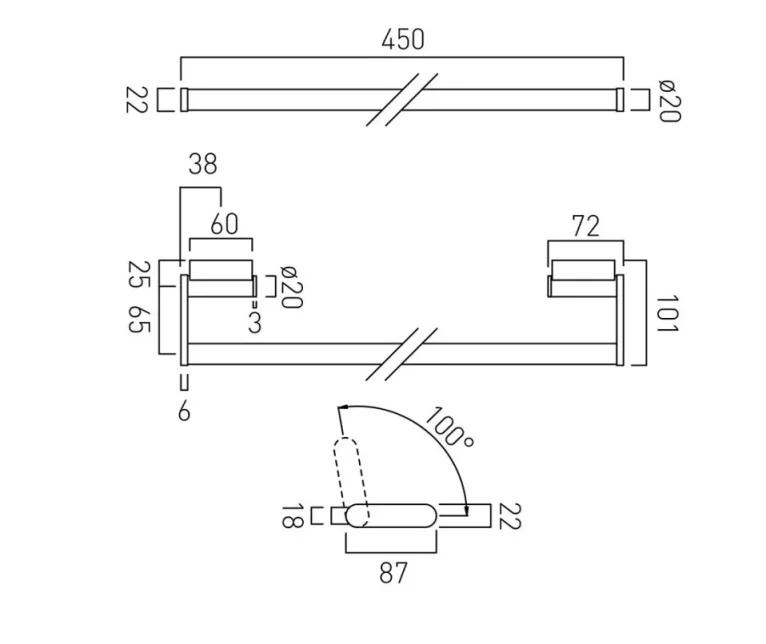 Vado Infinity Towel Rail 450mm (18") Chrome technical drawing - Image 2