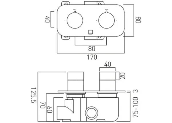 Vado Tablet Altitude 1 Outlet 2 Handle Concealed Thermostatic Valve Horizontal Chrome technical drawing - Image 2