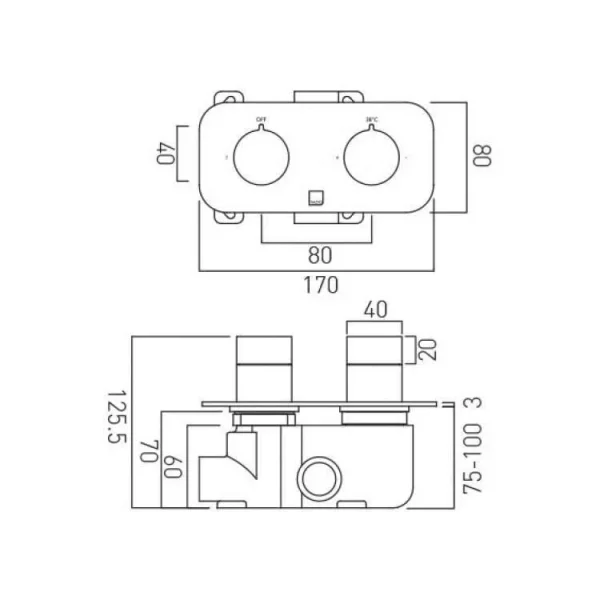 Vado Tablet Altitude 1 Outlet 2 Handle Concealed Thermostatic Valve Horizontal Chrome technical drawing - Image 4