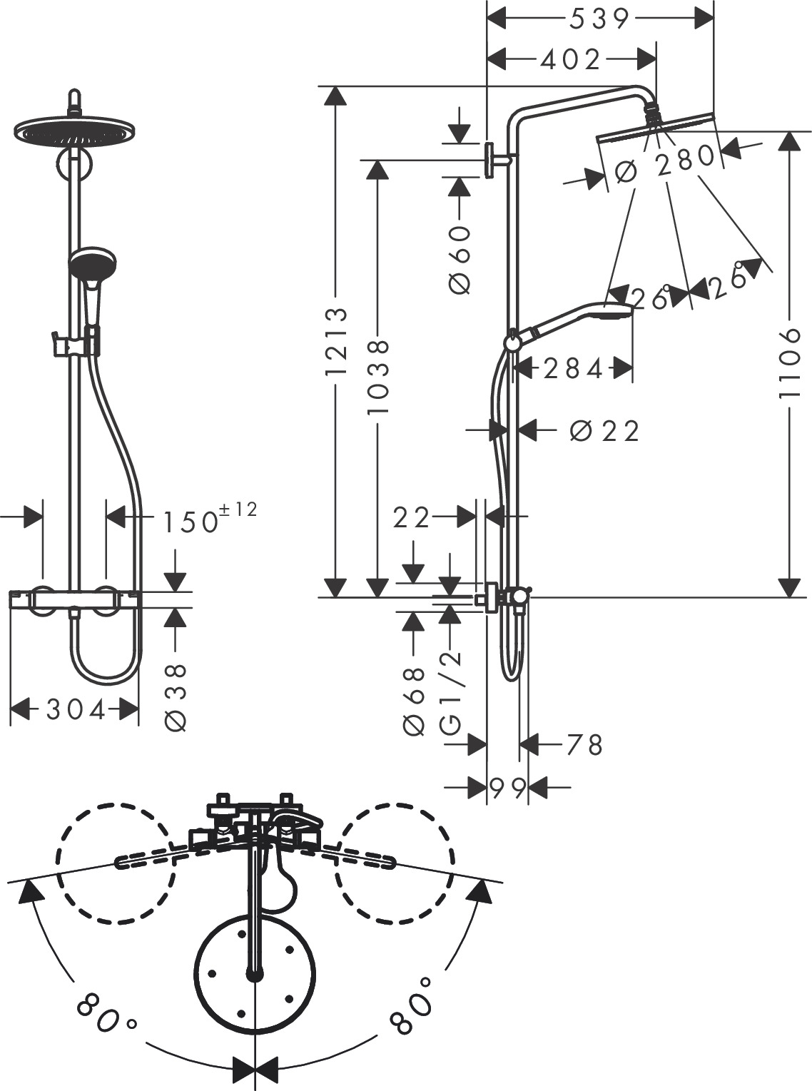 Hansgrohe Croma Select S Showerpipe 280 1jet Ecosmart With Thermostat And Hand Shower Raindance Select S 120 3jet Matt White detail view - Image 2