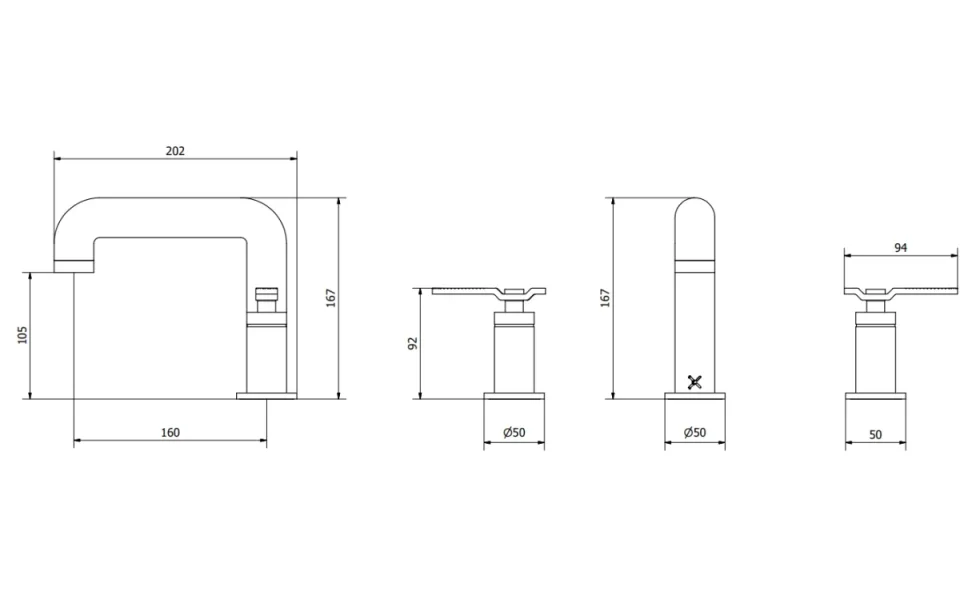 Crosswater Union 3 Hole Deck Mounted Basin Tap Set with Lever Handle Brushed Black Chrome technical drawing - Image 2