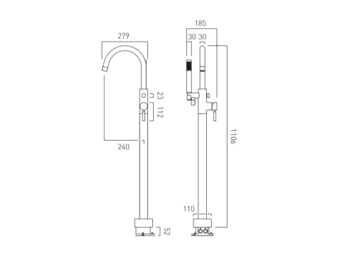 Individual By Vado Origins Floor Standing Bath Shower Mixer Tap Brushed Nickel technical drawing - Image 2