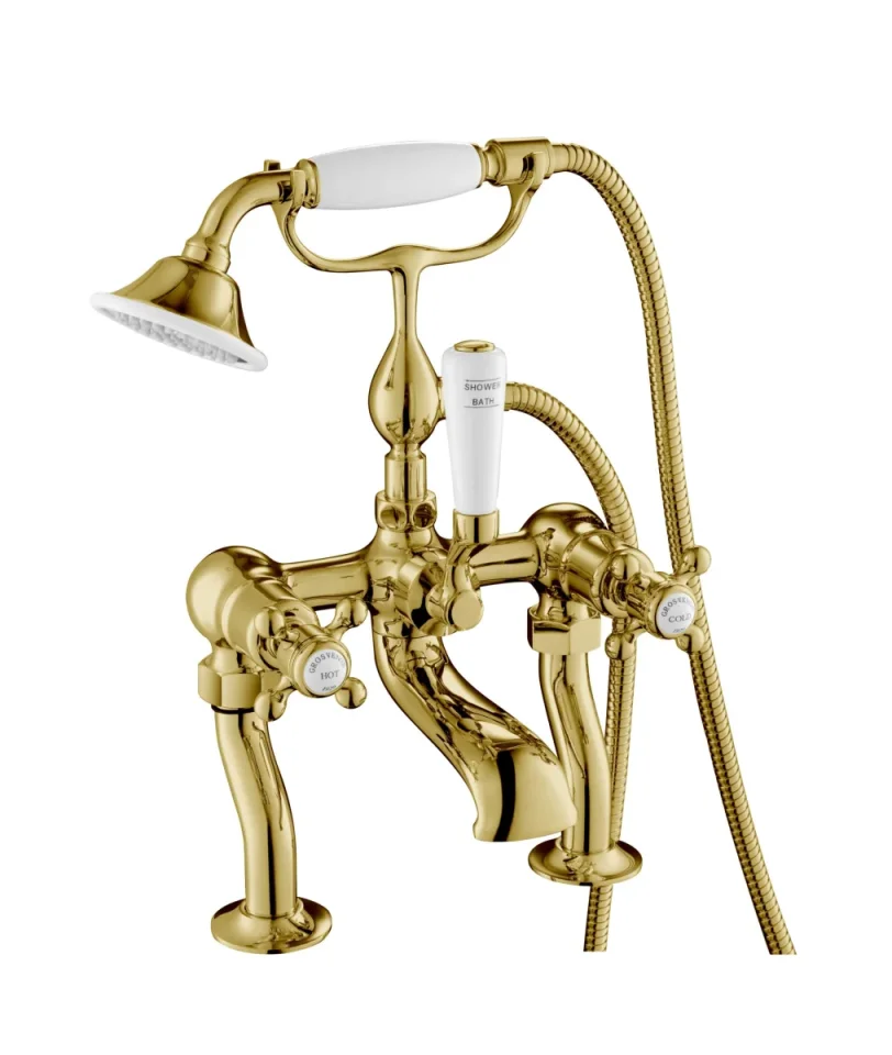Just Taps Grosvenor Cross Deck Mounted Bath Shower Mixer Tap With Shower Kit Light Gold product image - Image 1