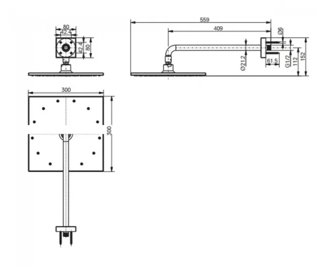 TOTO Overhead Shower 300mm Square Aerial Pulse Rainhead With Wall Arm Chrome technical drawing - Image 2
