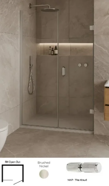 Showerlab View 03 Enclosures Door + Inline Panel Standard - Fixed Sizes Only 870-884mmx2000mm , Right Hand , Open OUT , NH7 - The Knurl , Brushed Nickel product image - Image 1