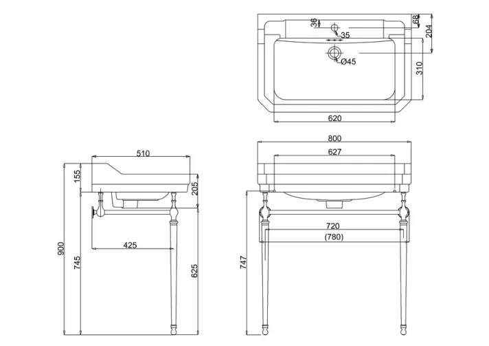 Burlington Edwardian 80cm Basin Wash Stand Chrome Plated Brass Fittings technical drawing - Image 2