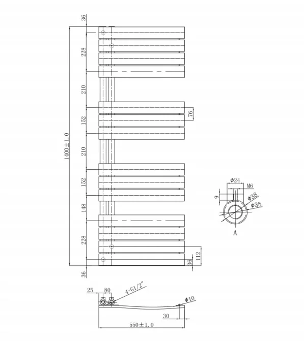 Just Taps Cleo Radiator Brushed Brass 1400 X 550 technical drawing - Image 2