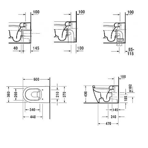 Duravit Toilet Fs 600mm Me By Starck White Washdown, Hori.outlet, Btw technical drawing - Image 3