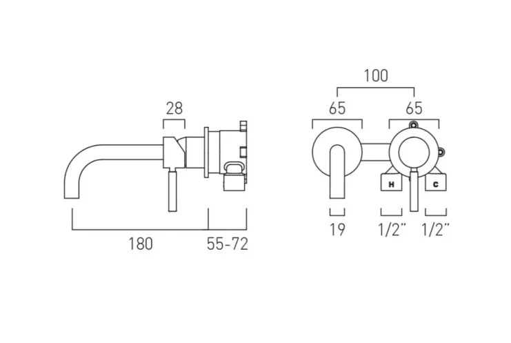Vado Individual Origins Slimline 2 Hole Wall Mounted Single Lever Basin Mixer With 180mm Spout Brushed Gold technical drawing - Image 2