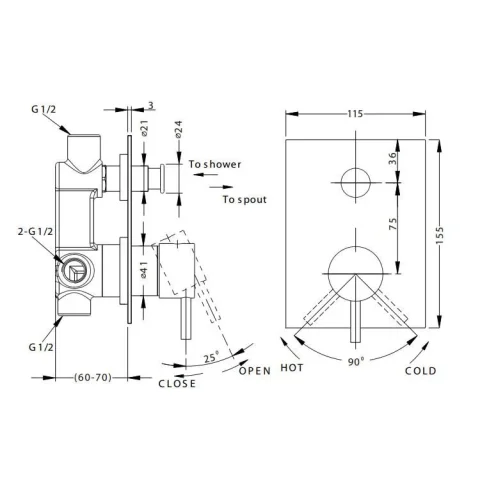 Crosswater Kai Lever Manual Shower Valve Diverter Recessed Chrome technical drawing - Image 3