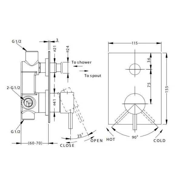 Crosswater Kai Lever Manual Shower Valve Diverter Recessed Chrome technical drawing - Image 3