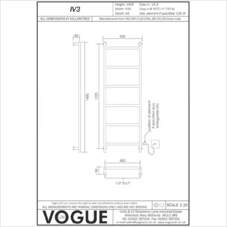 Vogue Vivid Integral Valve Towel Radiator Heating Only - Chrome 1400X500 technical drawing - Image 2