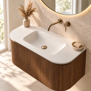 Faeber Lunar 1 Drawer Curved Fluted Vanity Unit 600mm - Walnut