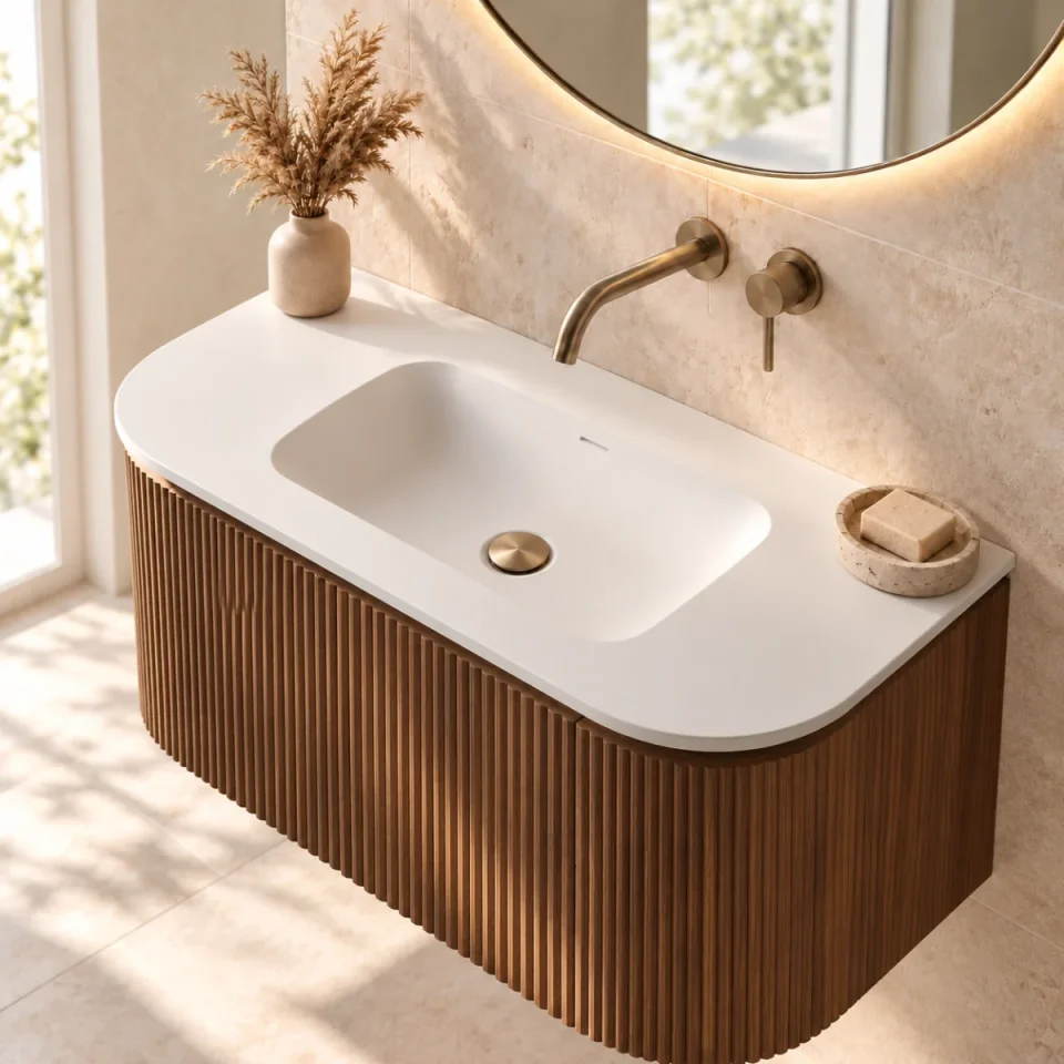 Faeber Lunar 1 Drawer Curved Fluted Vanity Unit 600mm - Walnut product image - Image 1