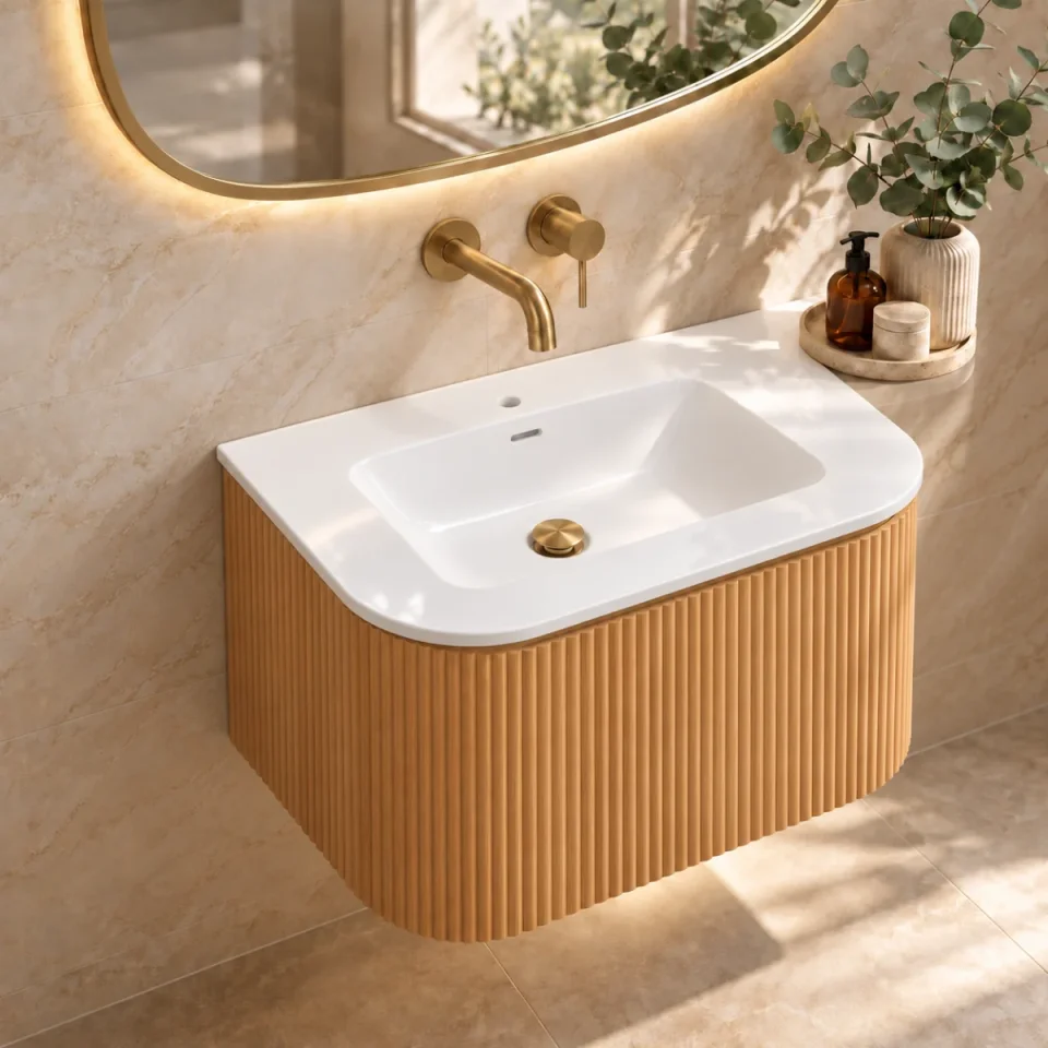 Faeber Lunar 1 Drawer Curved Fluted Vanity Unit 600mm - Oak product image - Image 1
