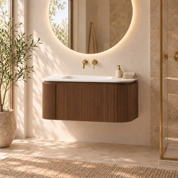 Faeber Lunar 3 Drawer Curved Fluted Vanity Unit 800mm - Walnut