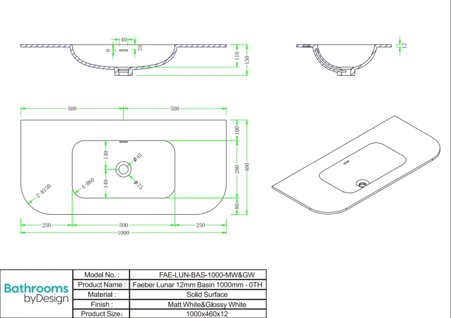 Faeber Lunar Basin 1000mm Gloss White - 0th (pilot-drilled) technical drawing - Image 2