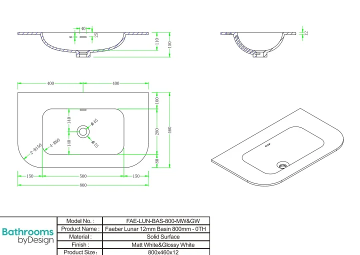 Faeber Lunar Basin 800mm Gloss White - 0TH (Pilot-drilled) technical drawing - Image 2
