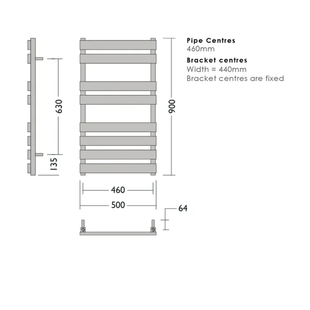 Abacus Kubik Towel Warmer 900x500mm Poliished Stainless Steel technical drawing - Image 2