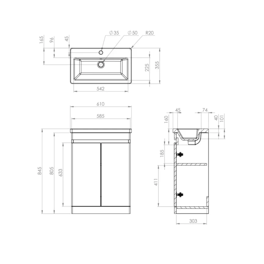 Saneux Air 60cm 2 Door Floor Standing Unit ' Gloss White detail view - Image 3
