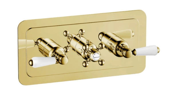 Grosvenor Lever Thermostatic 2 Outlet Shower Valve Brushed Brass (Horiztonal)