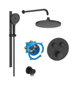 Roca T-3000 Round Built In 2 Outlet Thermostatic Shower Mixer, Head, Arm & Handset Pack - Matt Black