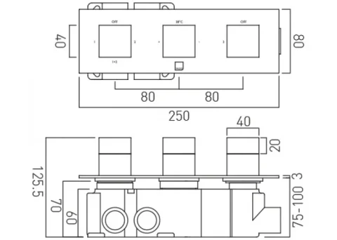 Vado Tablet Notion 3 Outlet 3 Handle Concealed Thermostatic Valve Horizontal Chrome technical drawing - Image 2