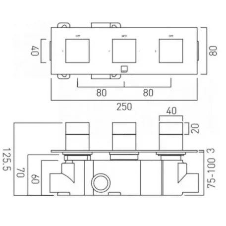 Vado Tablet Notion 3 Outlet 3 Handle Concealed Thermostatic Valve Horizontal Chrome technical drawing - Image 4