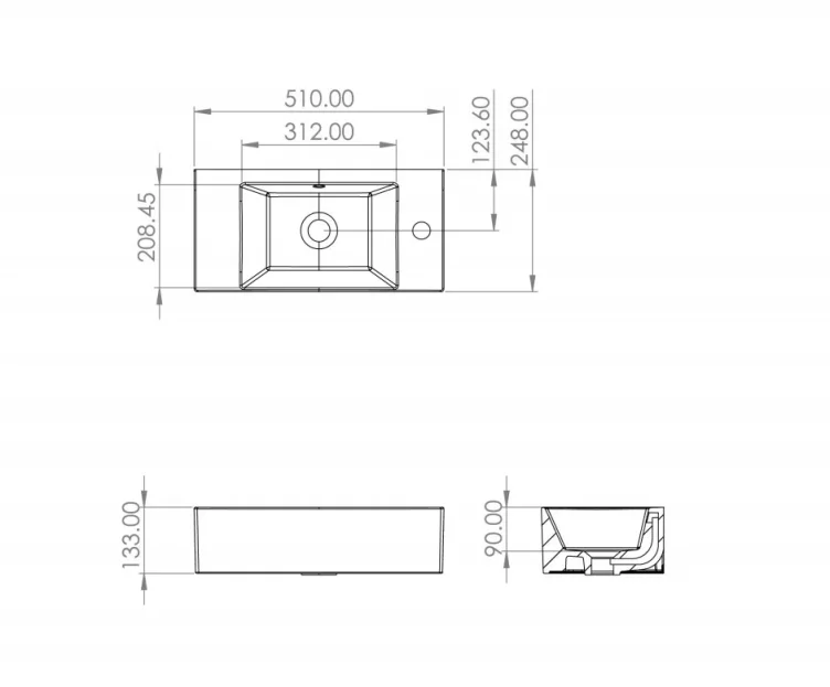 Saneux Matteo 51x25cm Washbasin Right Tap Hole technical drawing - Image 2