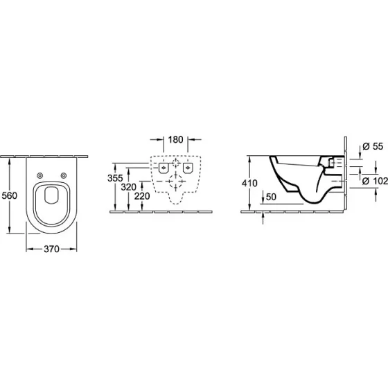 Villeroy & Boch Subway 2.0 Washdown Toilet Wall-mounted, Oval, Horizontal Outlet 370 X 560 Mm White Alpin (5600.10.01) technical drawing - Image 3